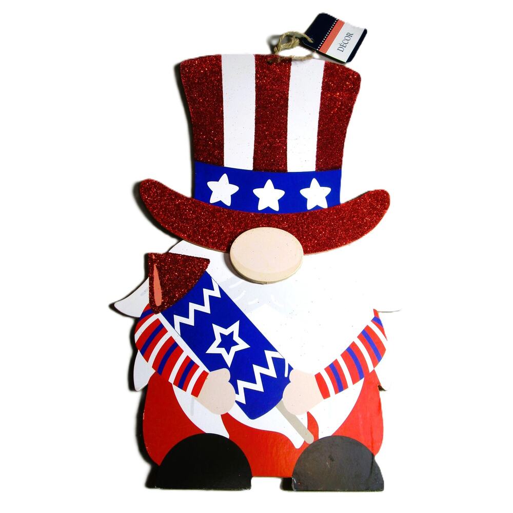 Patriotic Gnome Decor 14” Wood Cutout Top Hat & Rocket Americana Wall Decor